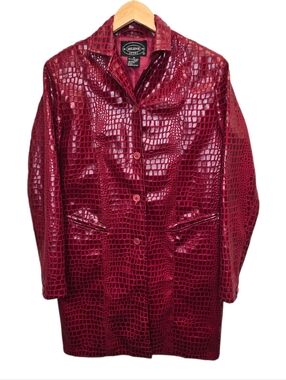 VTG 90s Selene Sport Women's 10 Red Croc-Embossed Faux Leather Trench Coat